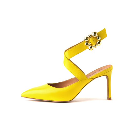 Milano 3" Calf Leather Slingback Gold-Tone Buckle Pumps in Lemon Yellow