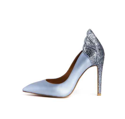 Diva 4.5" Metallic Sheepskin & Glett Leather Pumps in Aquamarine Blue