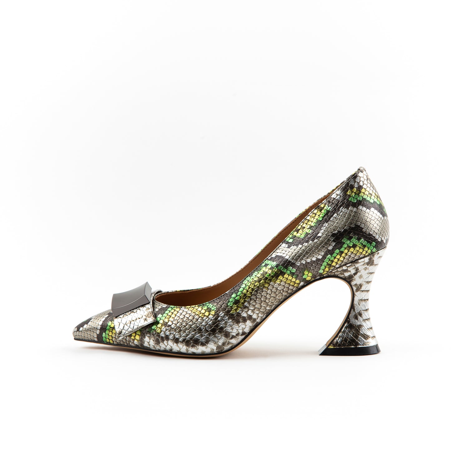 Una 3" Python Embossed Metallic Leather Silver Embellished Pumps in Multicolor