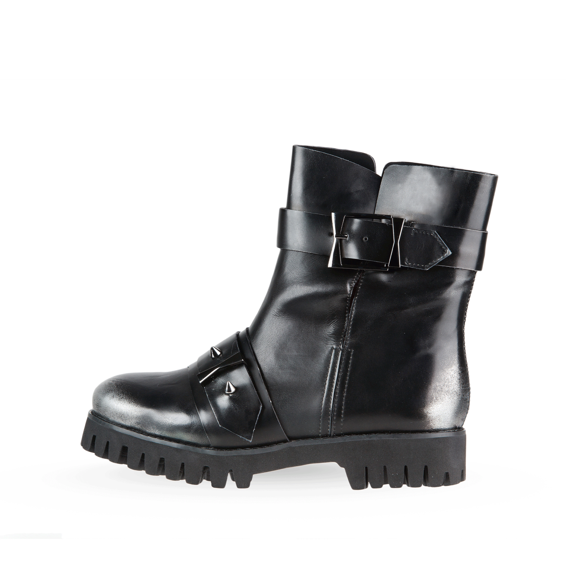 Army 50 mm Grain Leather Military Booties - Black & Silver