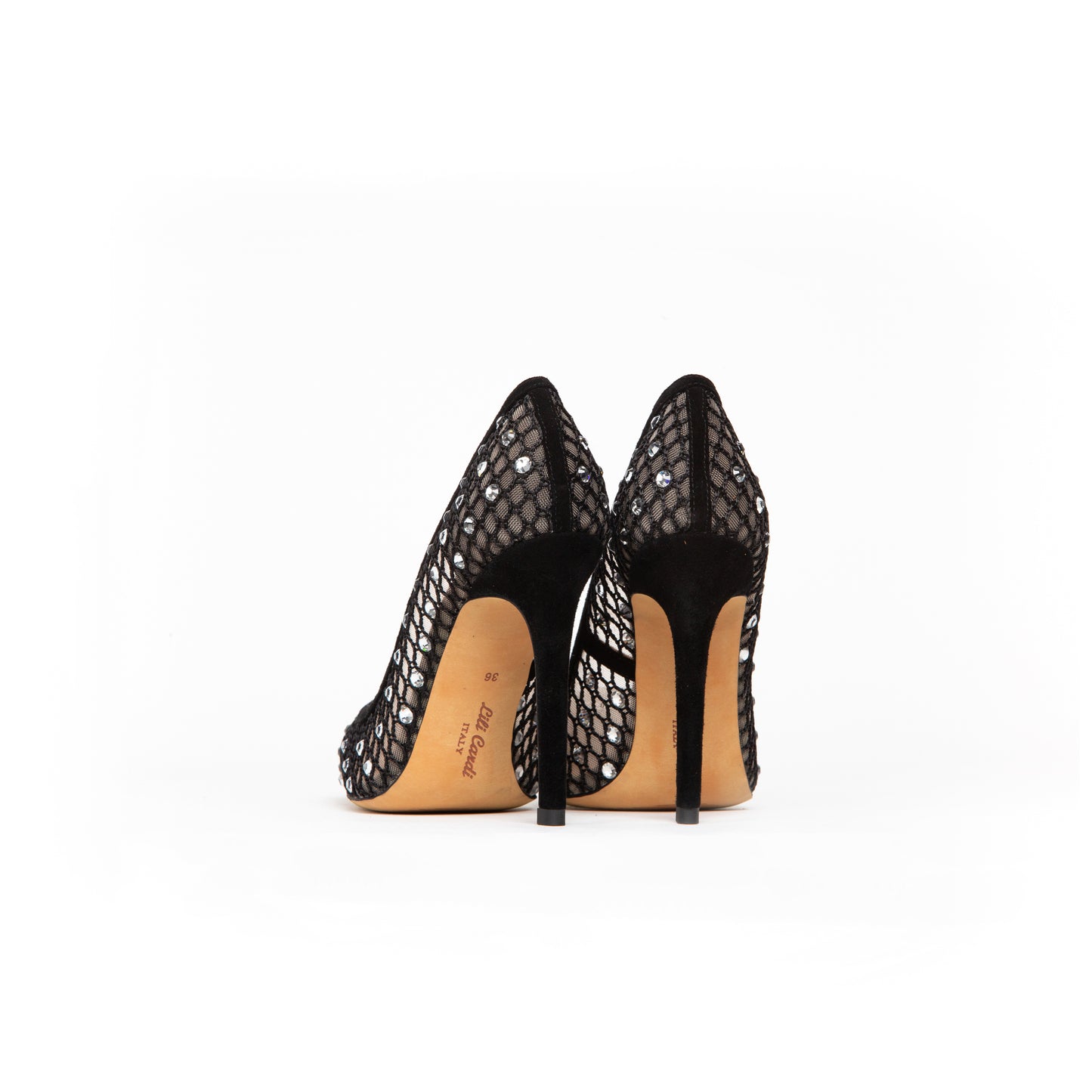 Gloss 112 mm Black Mesh & Suede Stiletto Heels with Crystal Embellishments Pair from Back