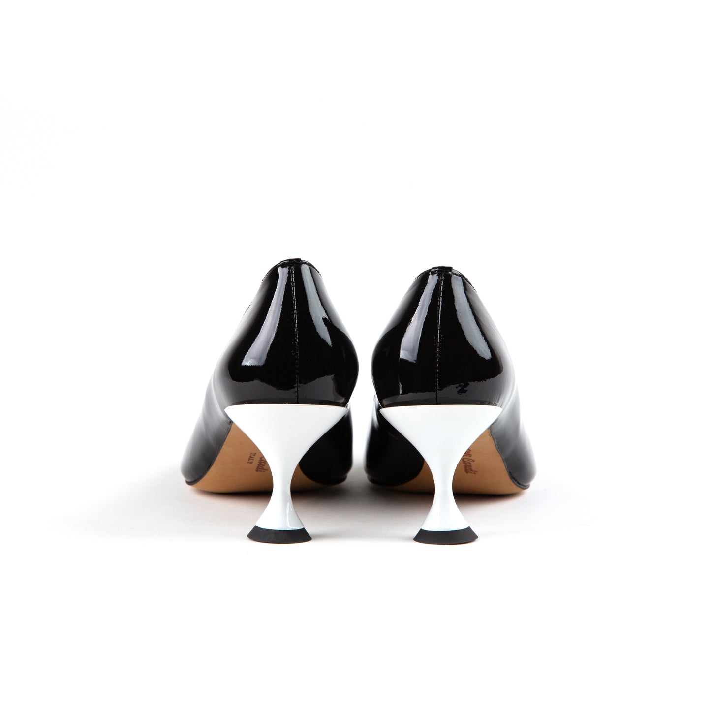 Spool 64 mm Patent Leather Pumps with White Lacquered Spool Heel - Pair in Black from Back