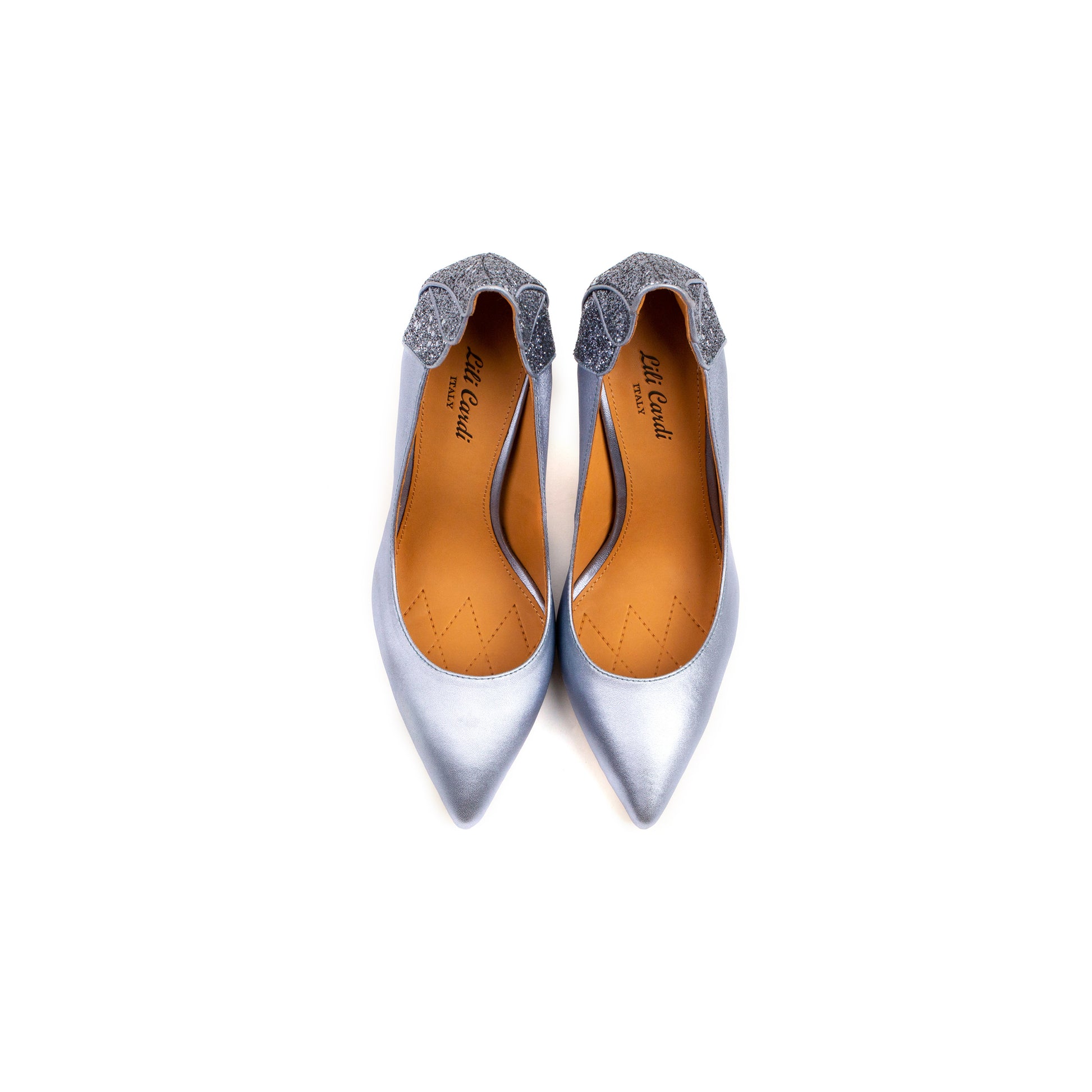 Diva 4.5" Metallic Sheepskin & Glett Leather Pumps Pair in Aquamarine Blue from Top