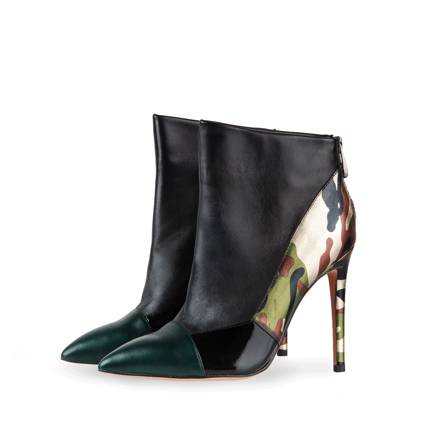 Captain 112 mm Nappa & Patent Leather Military Booties Pair - Black, Green & Gold Camo