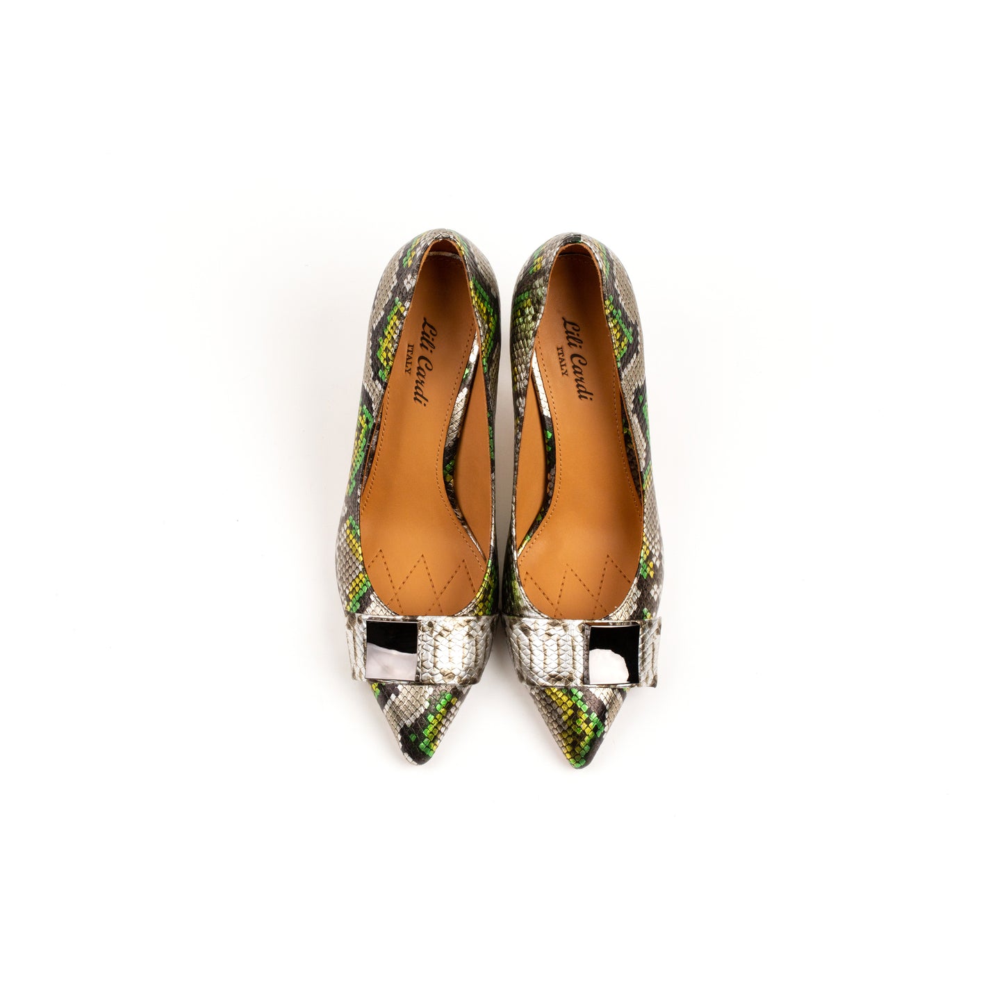 Una 3" Python Embossed Metallic Leather Silver Embellished Pumps Pair in Multicolor from Top
