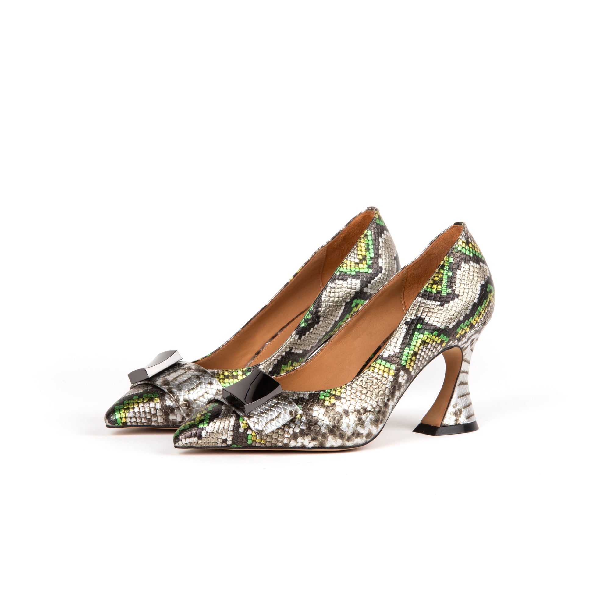 Una 3" Python Embossed Metallic Leather Silver Embellished Pumps Pair in Multicolor