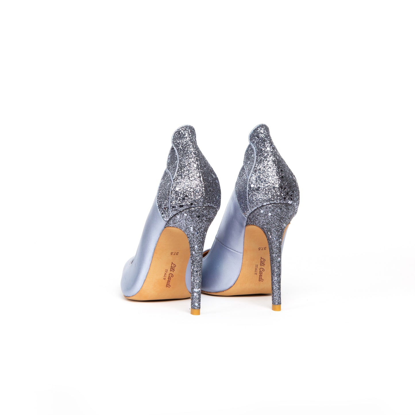 Diva 4.5" Metallic Sheepskin & Glett Leather Pumps Pair in Aquamarine Blue from Back