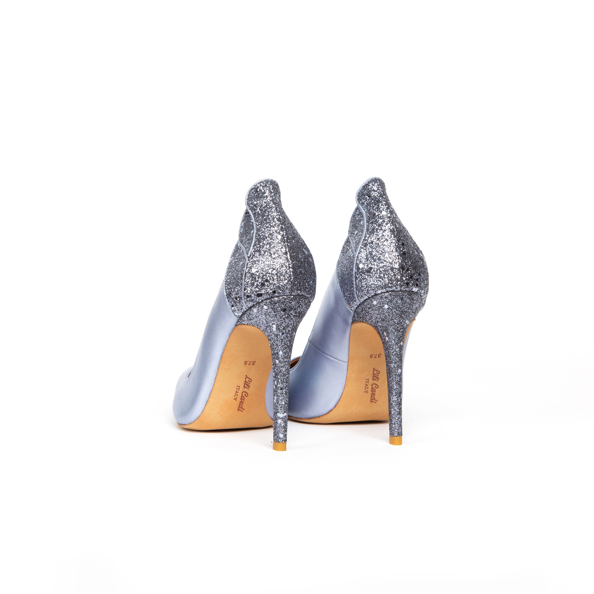 Diva 4.5" Metallic Sheepskin & Glett Leather Pumps Pair in Aquamarine Blue from Back