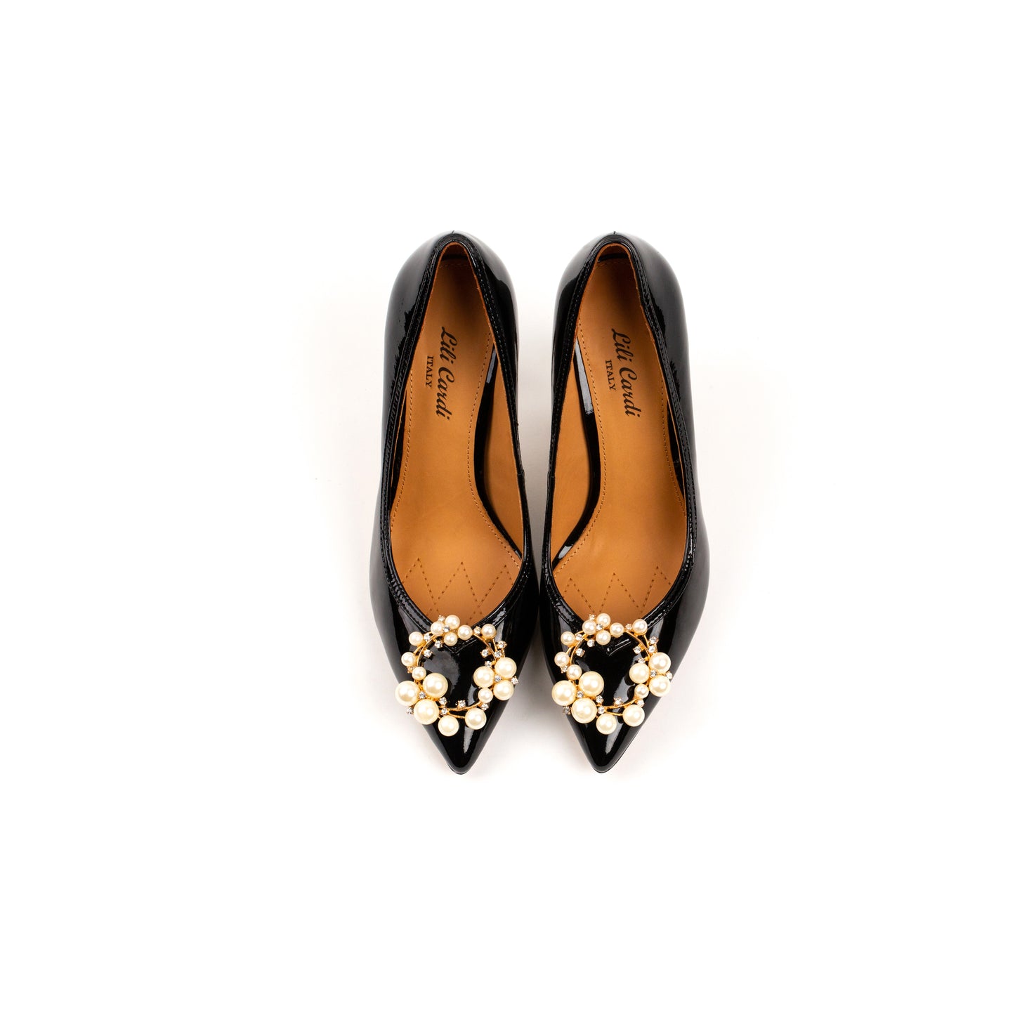 Lilian 4" Patent Leather Corneille Gold-Tone & Faux Pearl-Embellished Brooches Pumps Pair in Black from Top