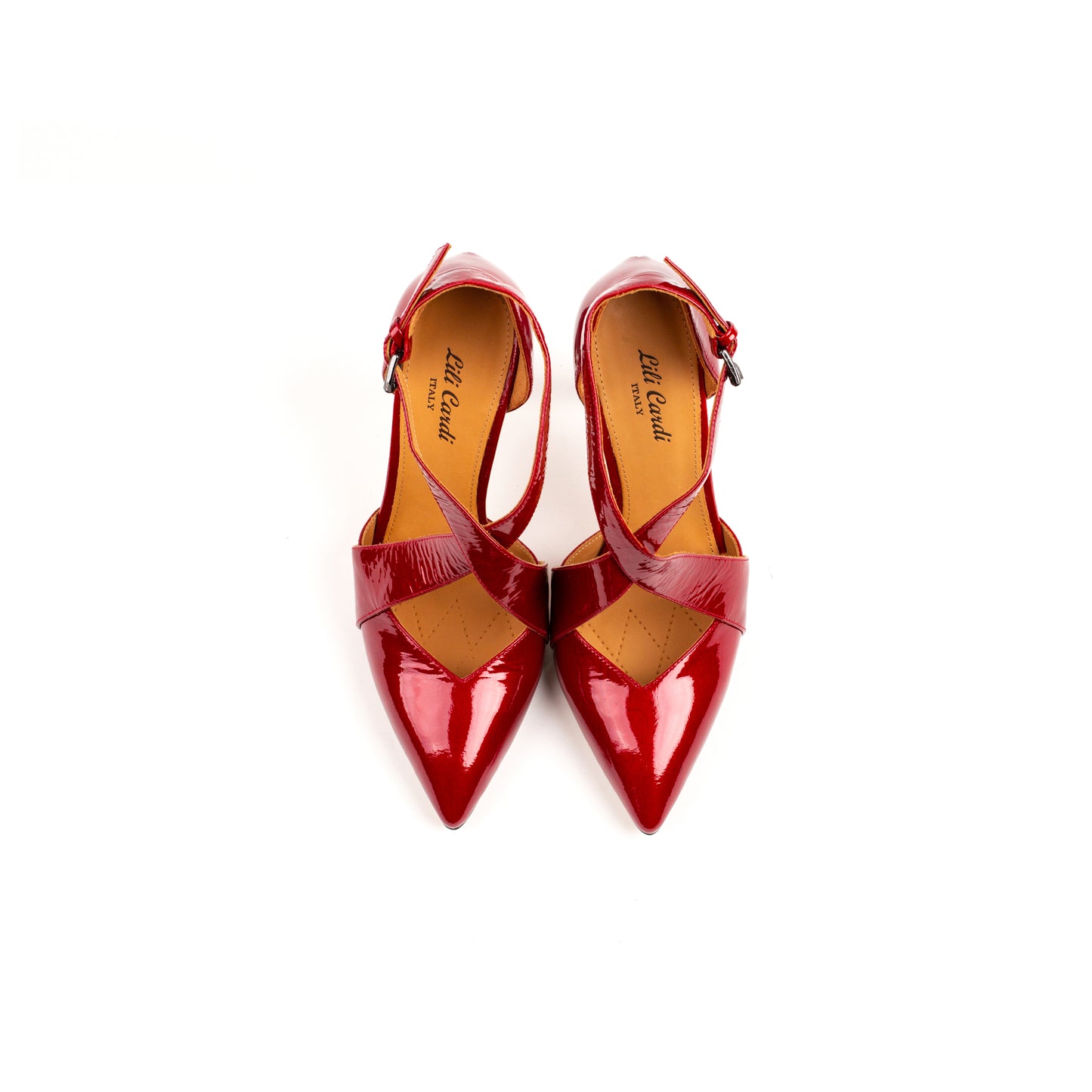 Libre 112 mm Wrinkle Patent Leather X-Open Pointed Toe Pumps - Maroon Red Pair from Top