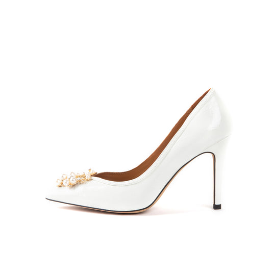 Lilian 102 mm Mid Heel Bridal Shoes Gold Tone Pearl Brooch - White