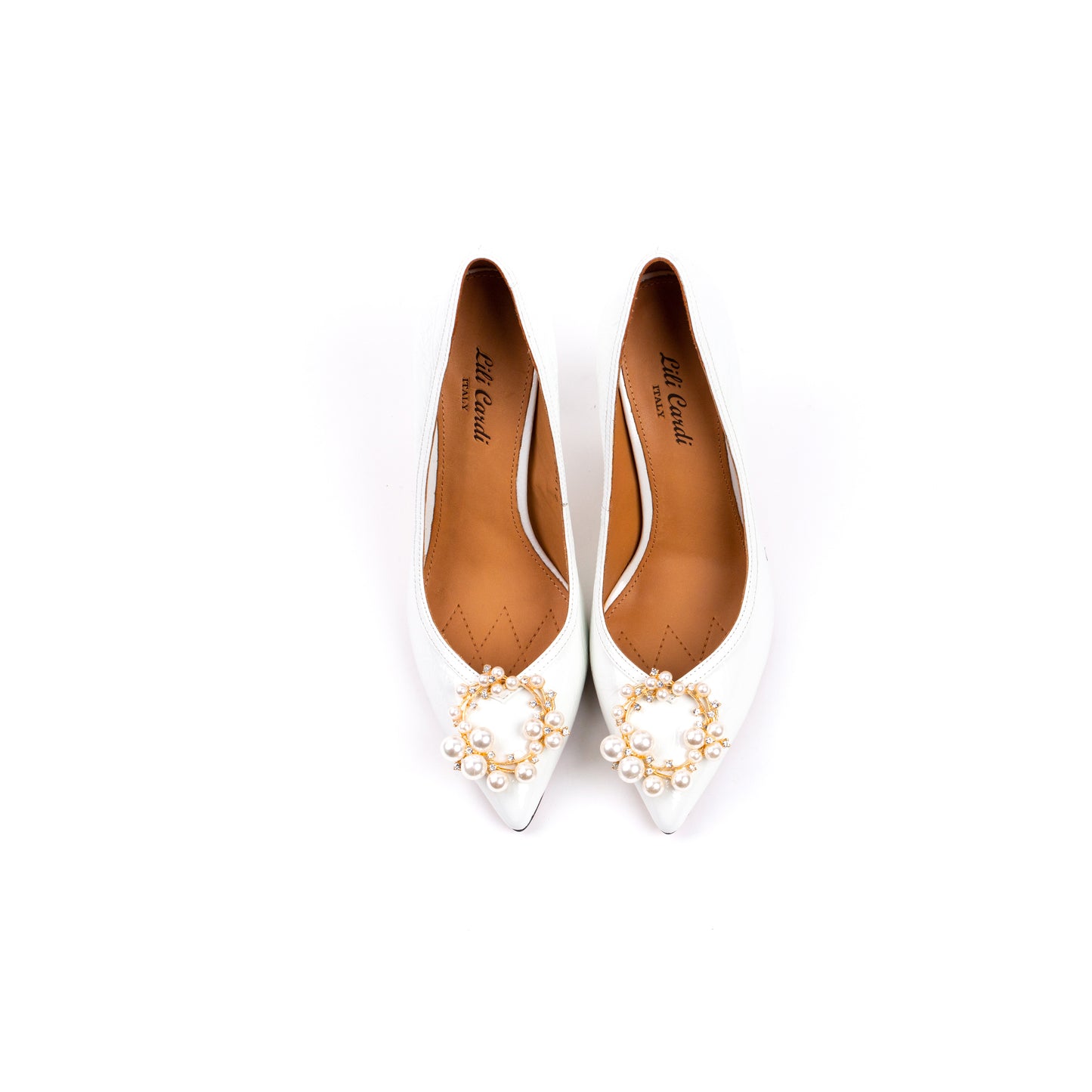 Lilian 102 mm Mid Heel Bridal Shoes Gold Tone Pearl Brooch - Pair in White from Top