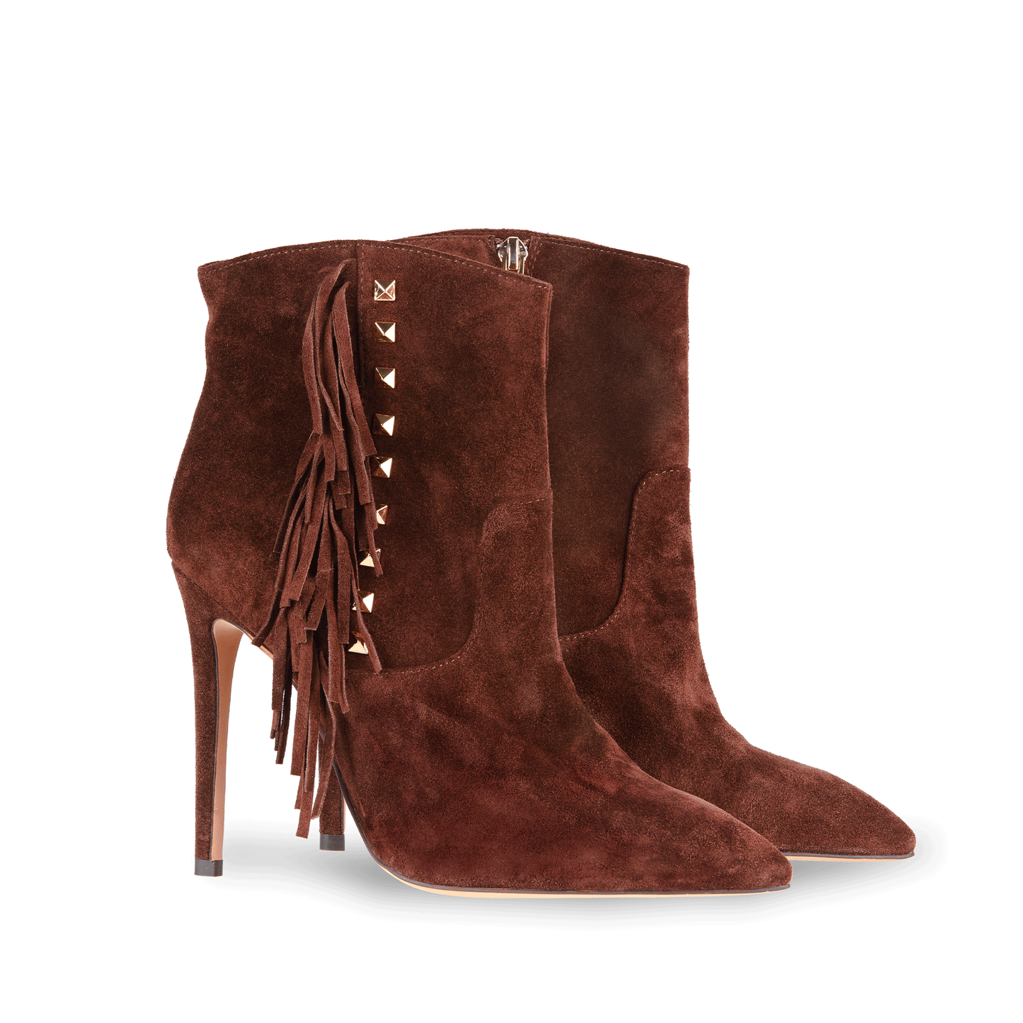 Fringe 112 mm Suede Leather & Rockstud Trim-Embellished Booties - Pair in Pecan Brown