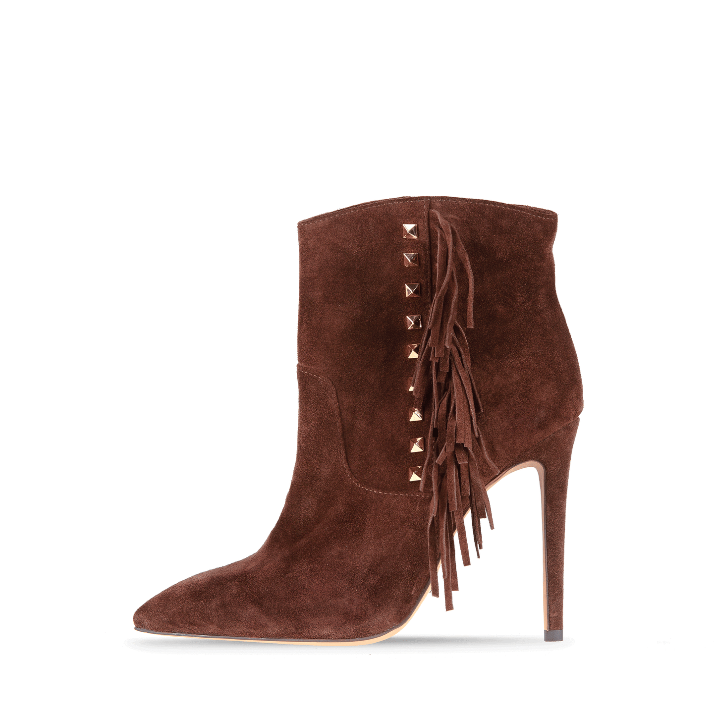 Fringe 112 mm Suede Leather & Rockstud Trim-Embellished Booties - Pecan Brown