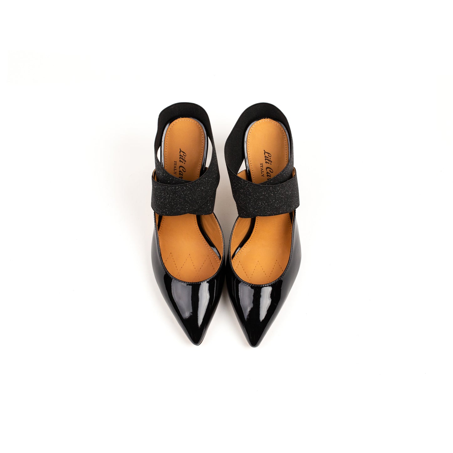 Slingback 77 mm Black Slingback Heels with Pointed Toe Patent Leather Pair from Top