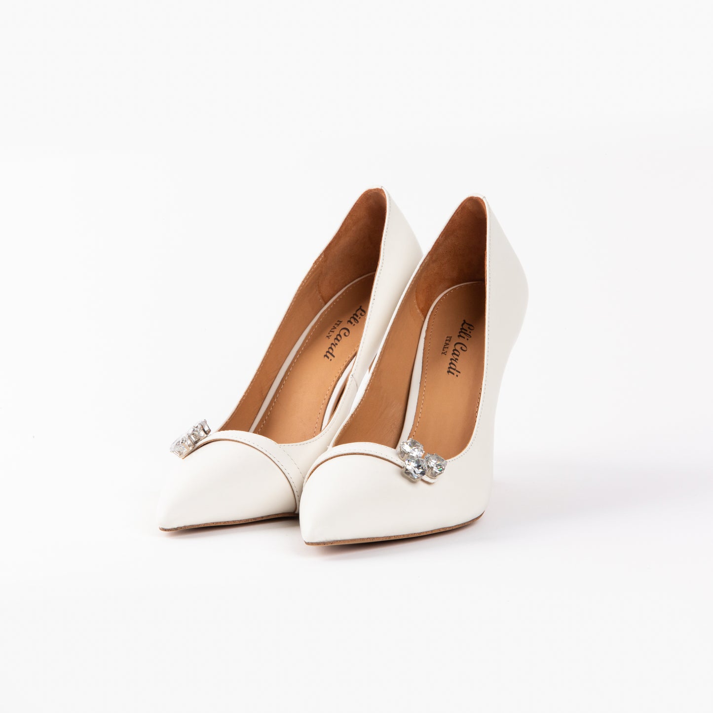 Ron Ron 102 mm White Wedding Heels Corneille Crystal Brooch Pair