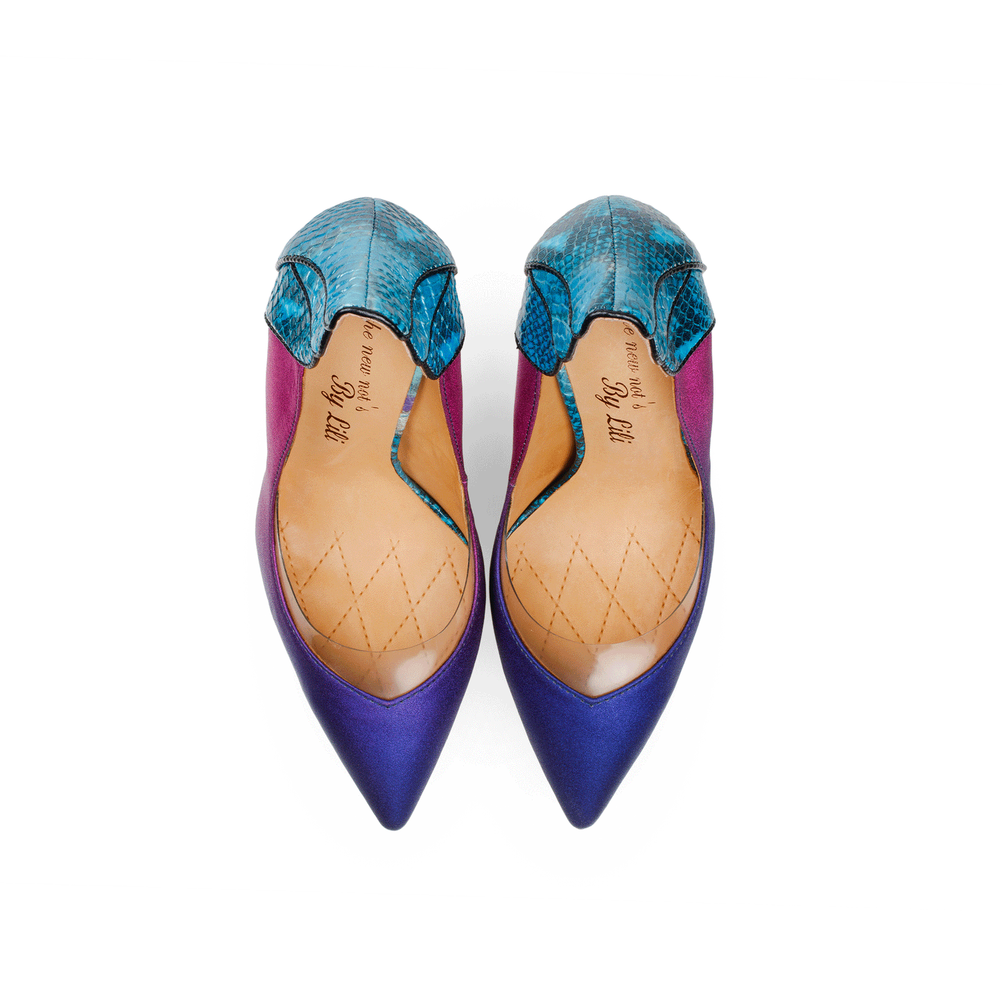 Icon 4.5" Foil Suede & Python Embossed Leather Pumps Pair in Indigo-Magenta from Top