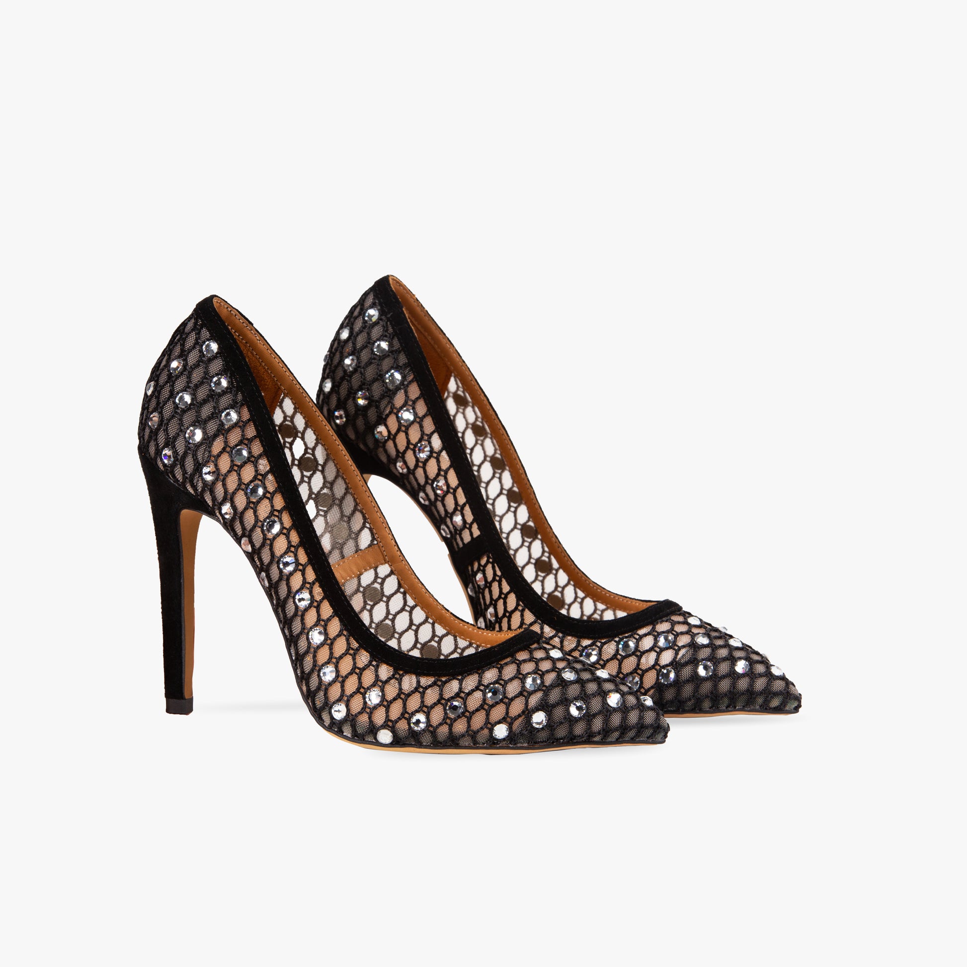 Gloss 112 mm Black Mesh & Suede Stiletto Heels with Crystal Embellishments Pair