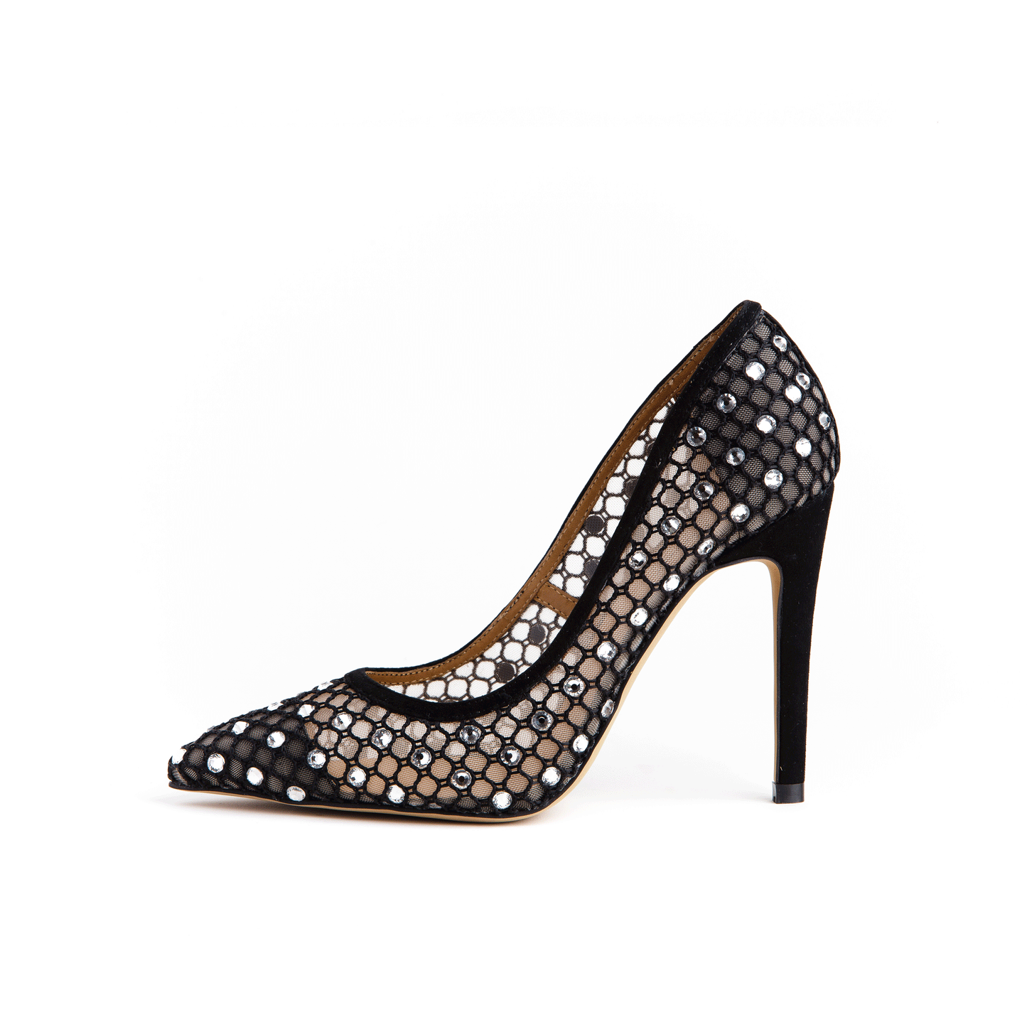 Gloss 112 mm Black Mesh & Suede Stiletto Heels with Crystal Embellishments in Black