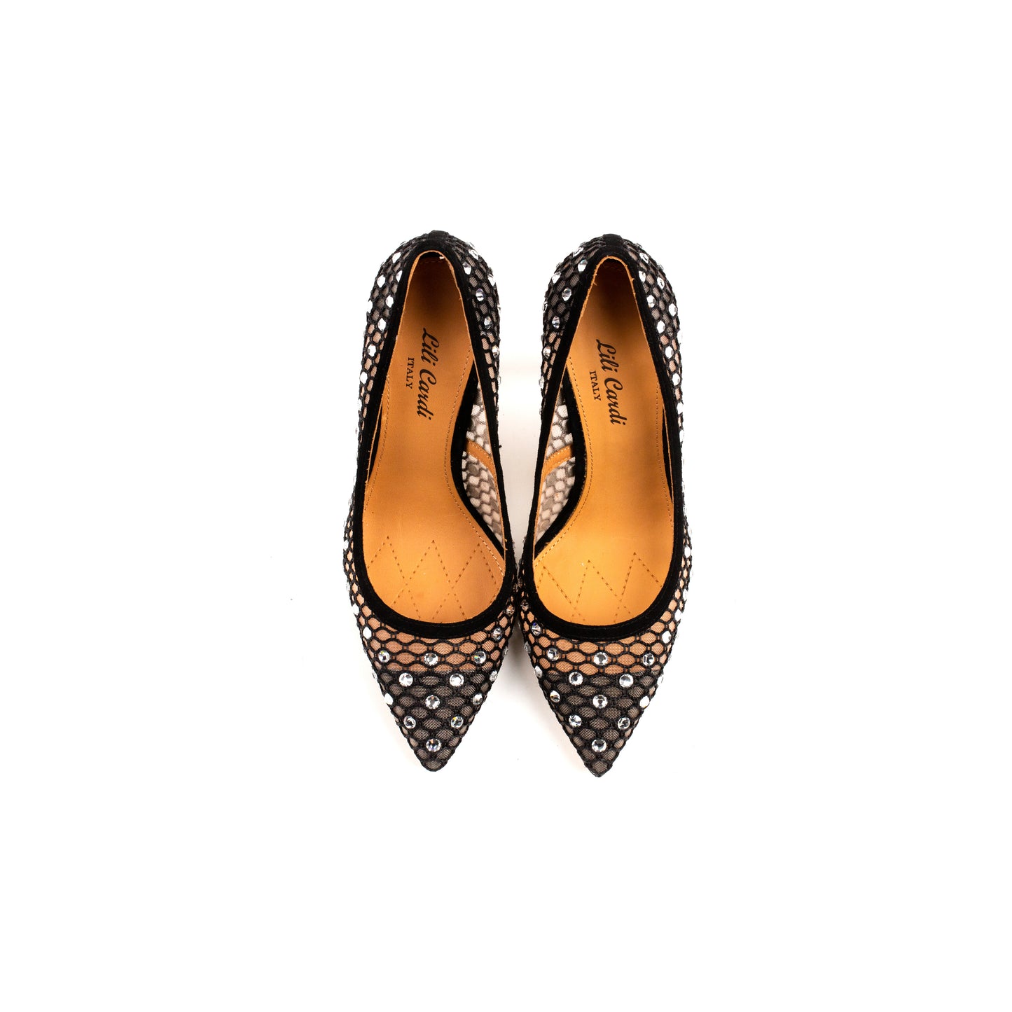 Gloss 112 mm Black Mesh & Suede Stiletto Heels with Crystal Embellishments Pair from Top