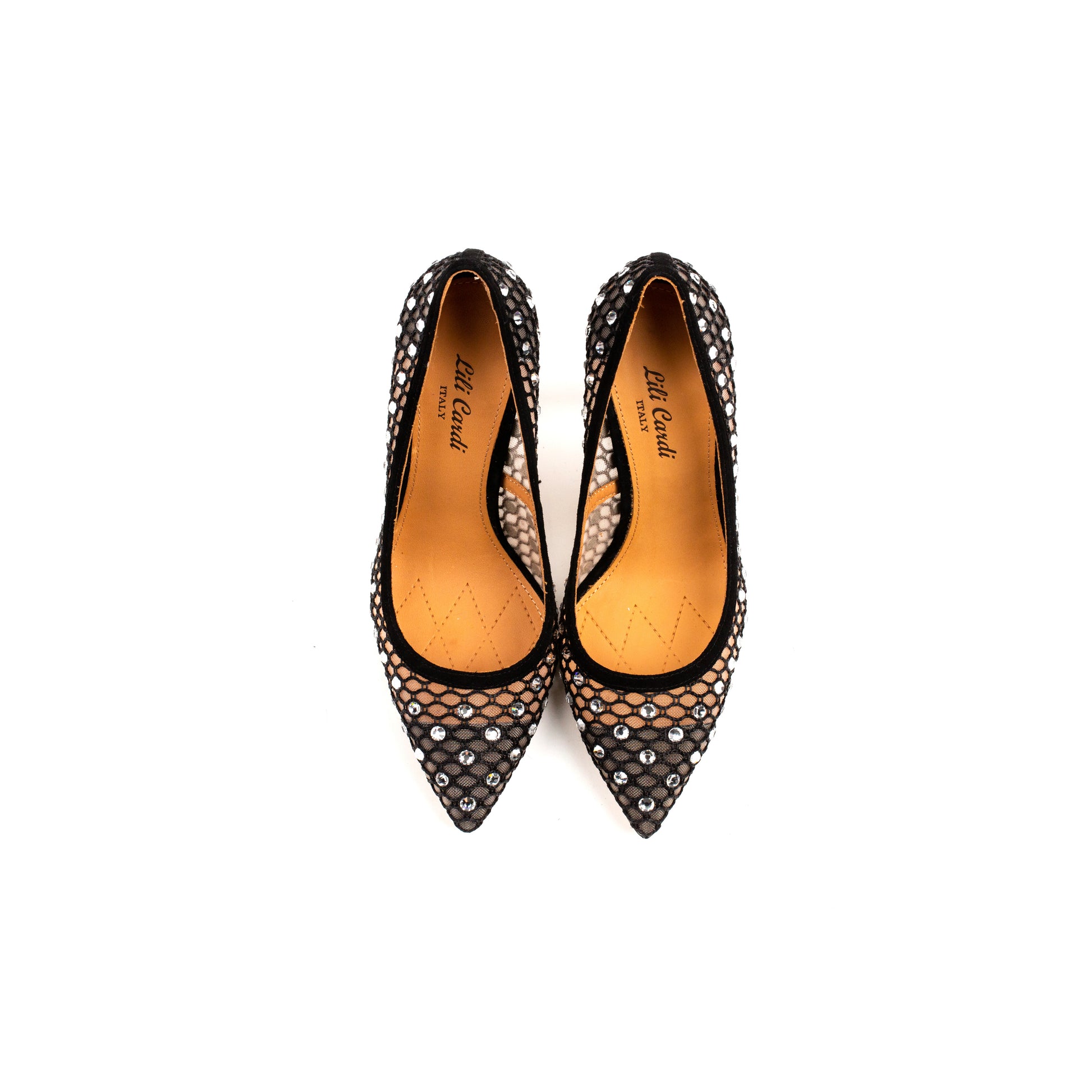 Gloss 112 mm Black Mesh & Suede Stiletto Heels with Crystal Embellishments Pair from Top