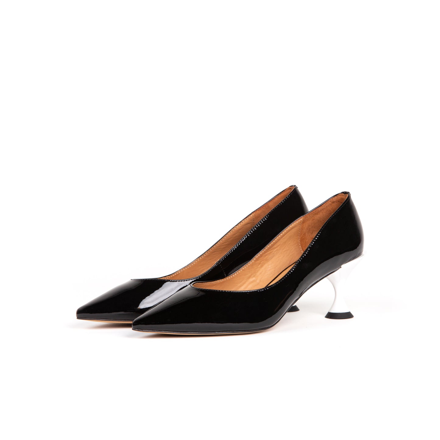 Spool 64 mm Patent Leather Pumps with White Lacquered Spool Heel - Pair in Black
