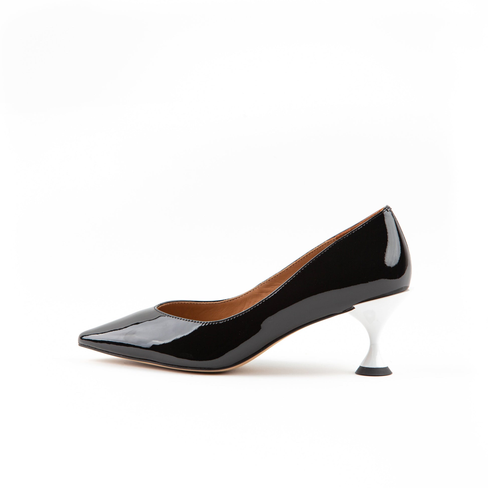 Spool 64 mm Patent Leather Pumps with White Lacquered Spool Heel - Black