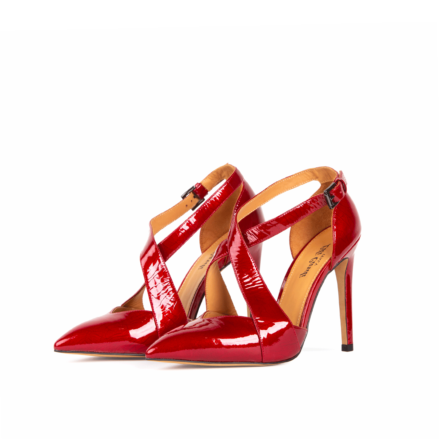 Libre 112 mm Wrinkle Patent Leather X-Open Pointed Toe Pumps - Pair in Maroon Red