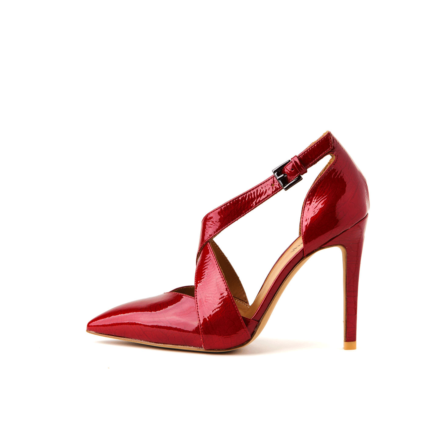 Libre 112 mm Wrinkle Patent Leather X-Open Pointed Toe Pumps - Maroon Red