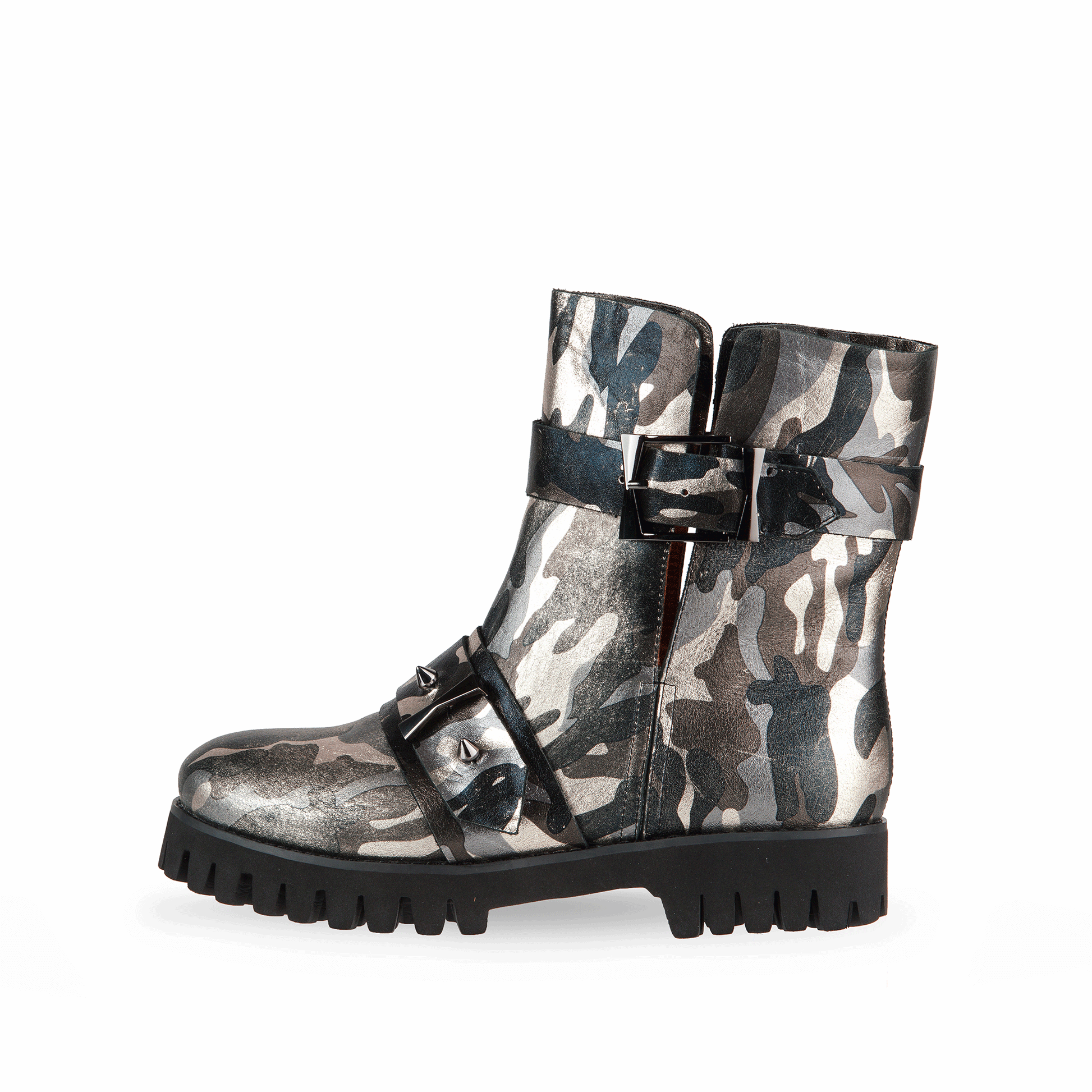 Military 50 mm Metallic Grain Leather Booties - Navy Blue & Silver Camo