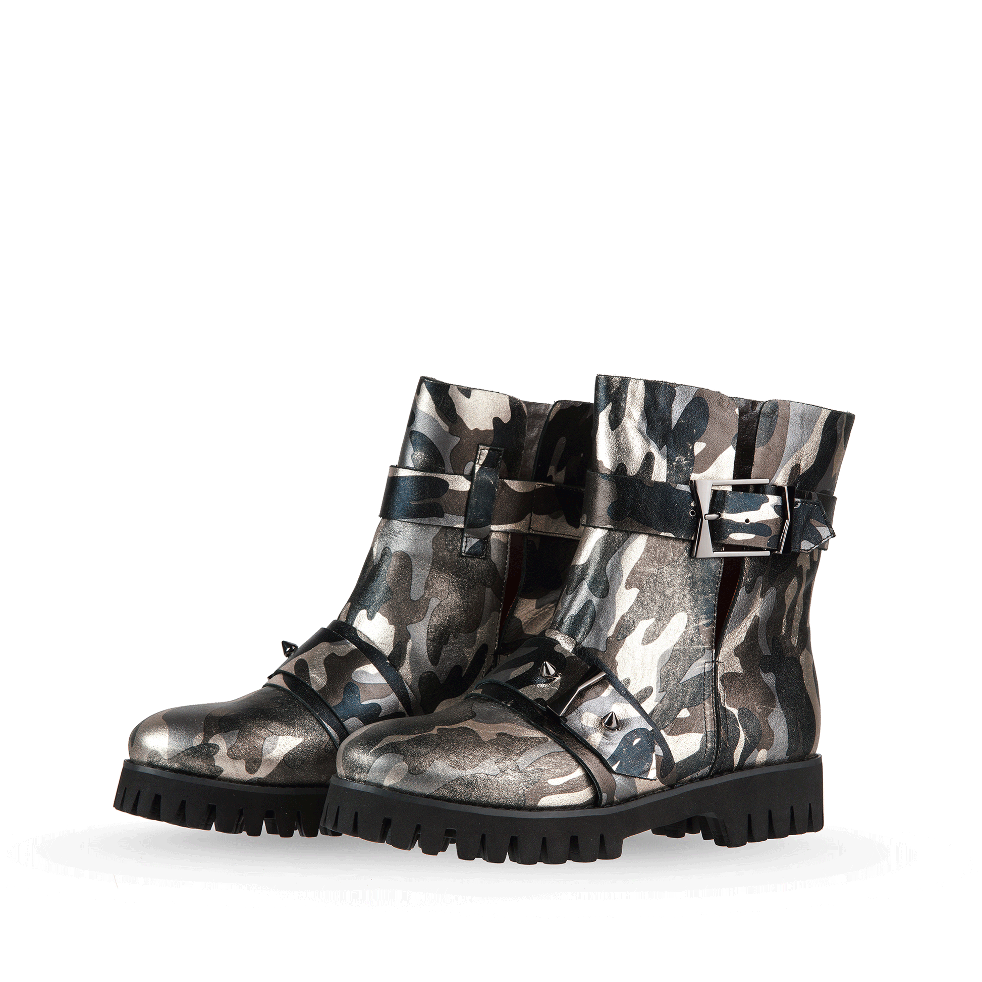 Military 50 mm Metallic Grain Leather Booties - Pair in Navy Blue & Silver Camo