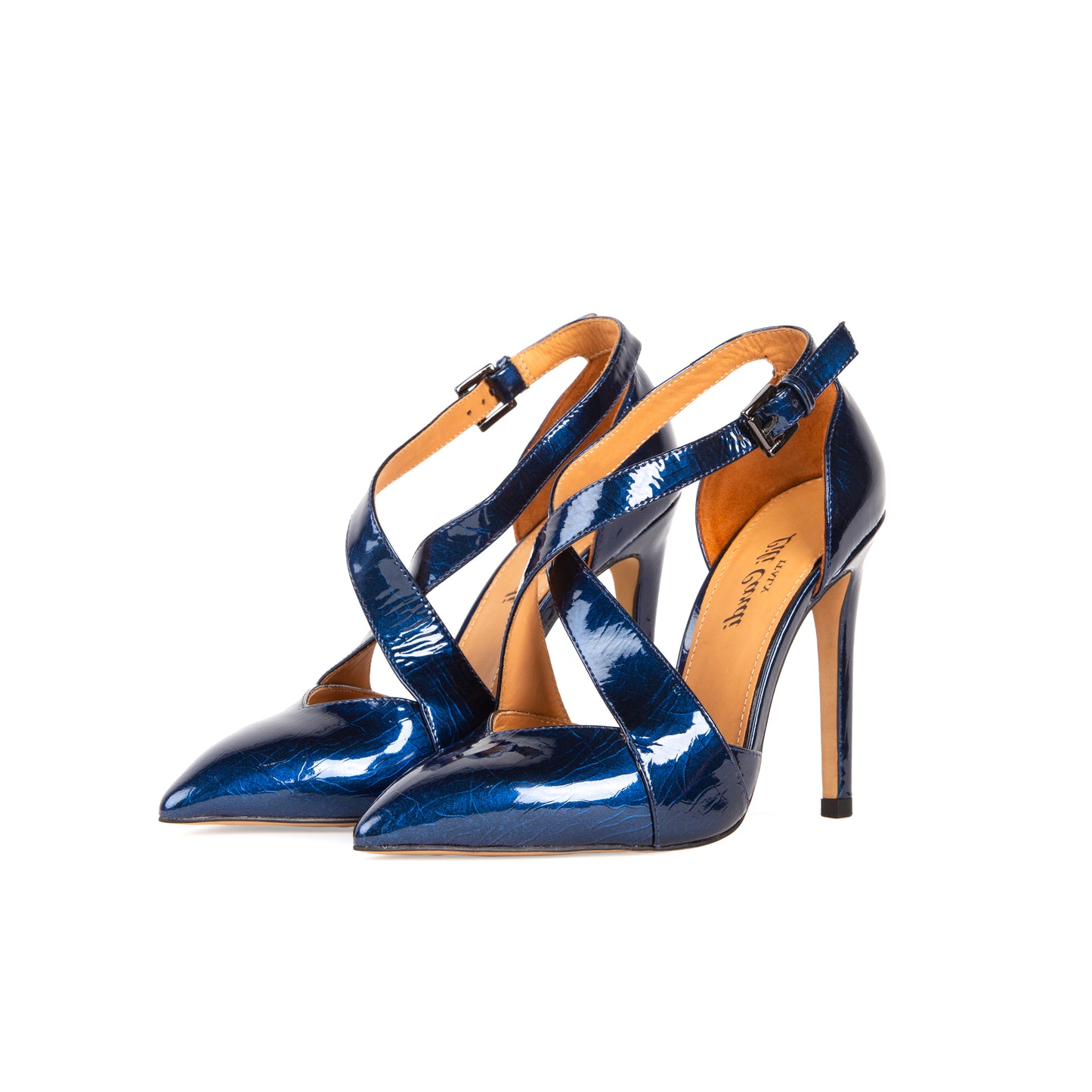 Libre 112 mm Wrinkle Patent Leather X-Open Pointed Toe Pumps - Pair in Navy Blue