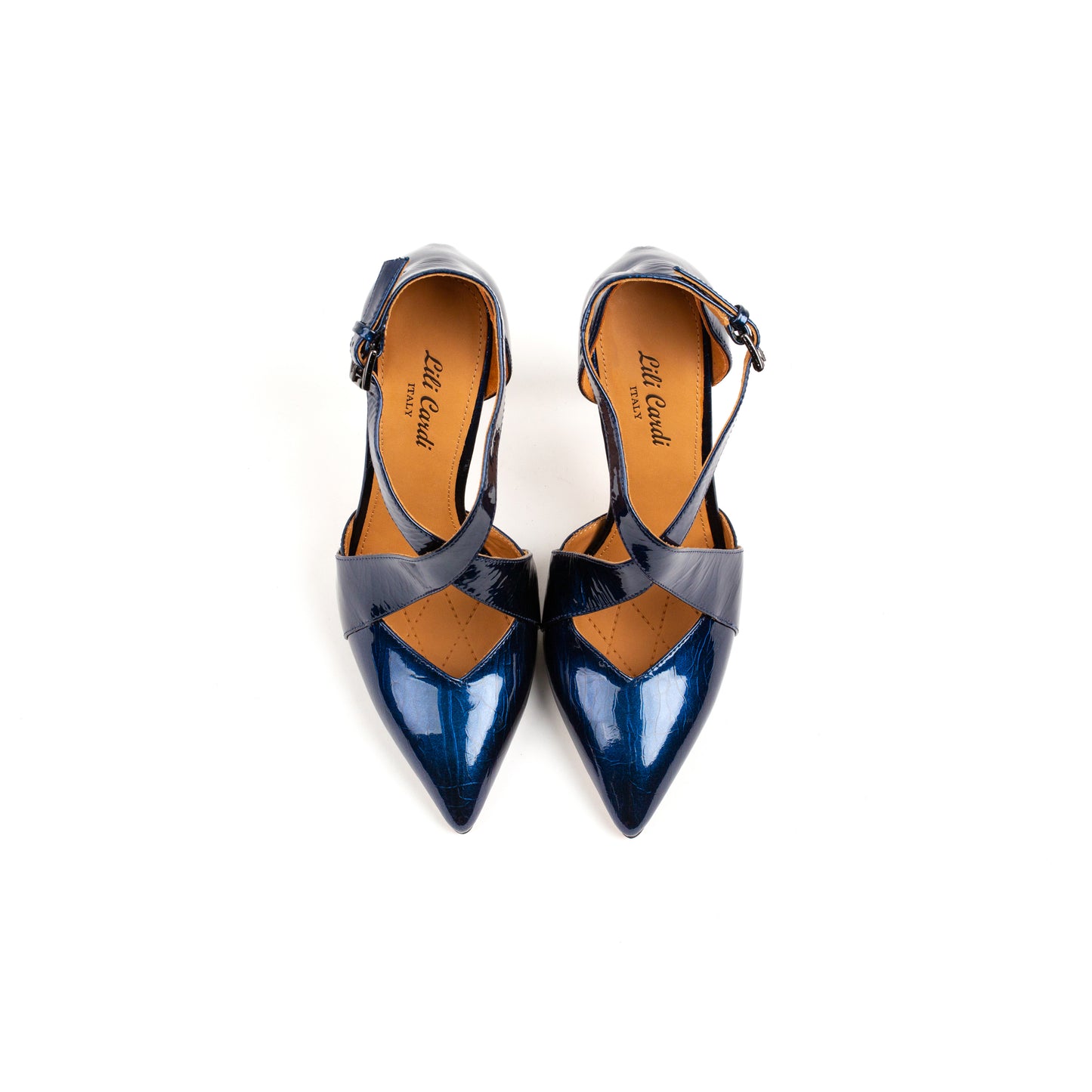 Libre 112 mm Wrinkle Patent Leather X-Open Pointed Toe Pumps - Navy Blue Pair from Top