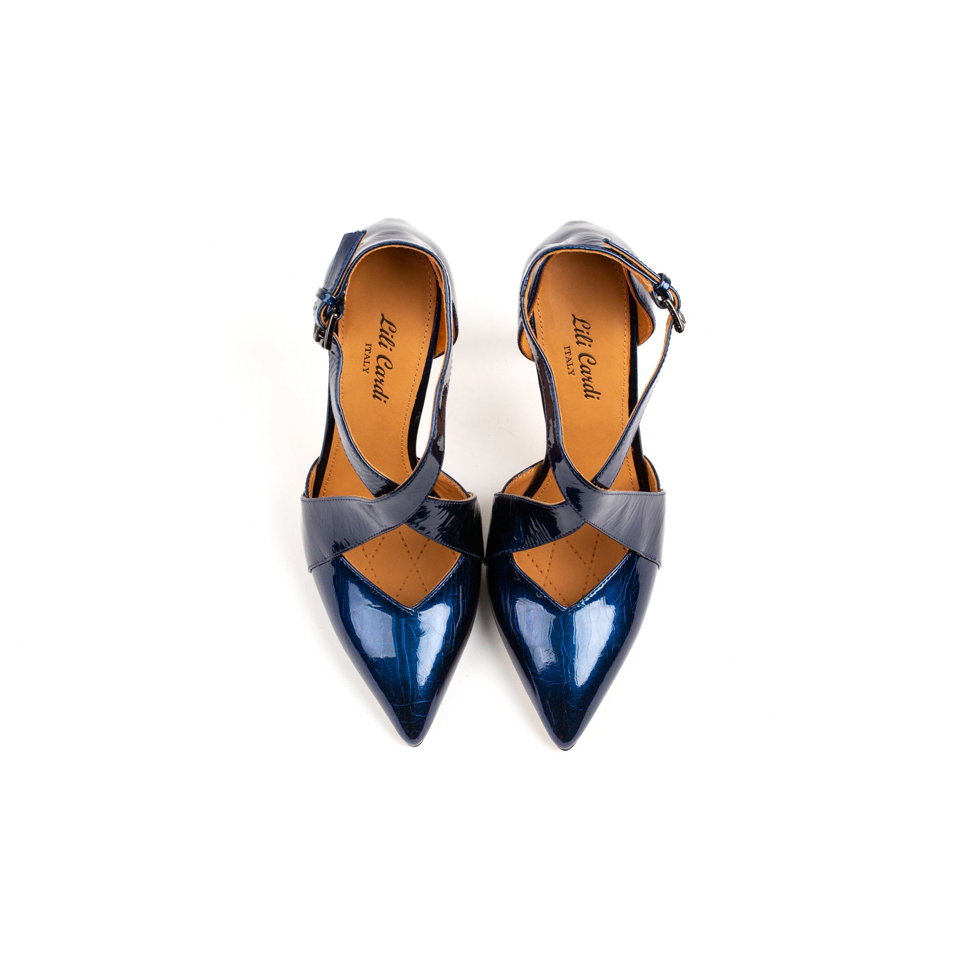 Libre 112 mm Wrinkle Patent Leather X-Open Pointed Toe Pumps - Navy Blue Pair from Top