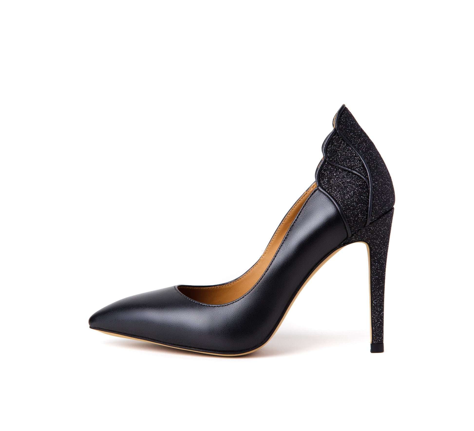Diva 112 mm Black Pointed Toe High Heels Metallic Sheepskin & Glett Leather