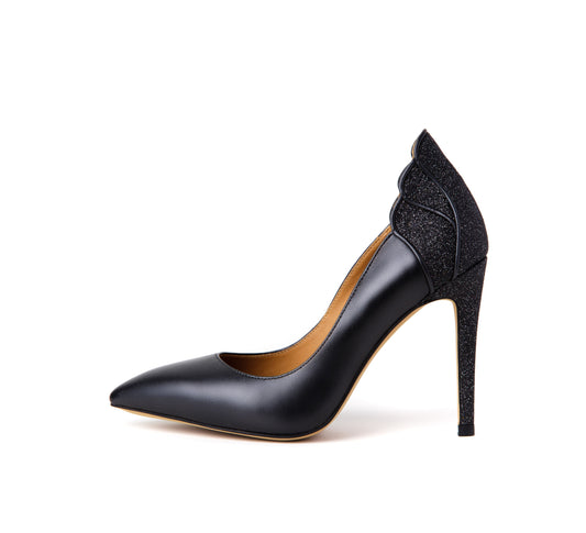 Diva 112 mm Black Pointed Toe High Heels Metallic Sheepskin & Glett Leather