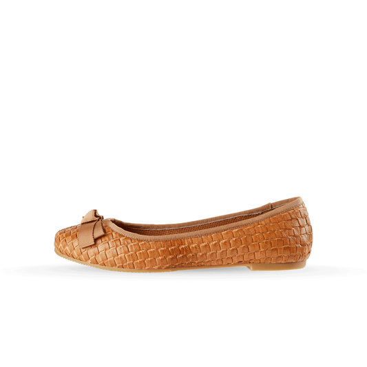 Woven Leather Ballet Flats with Bow 15 mm - Tan Brown