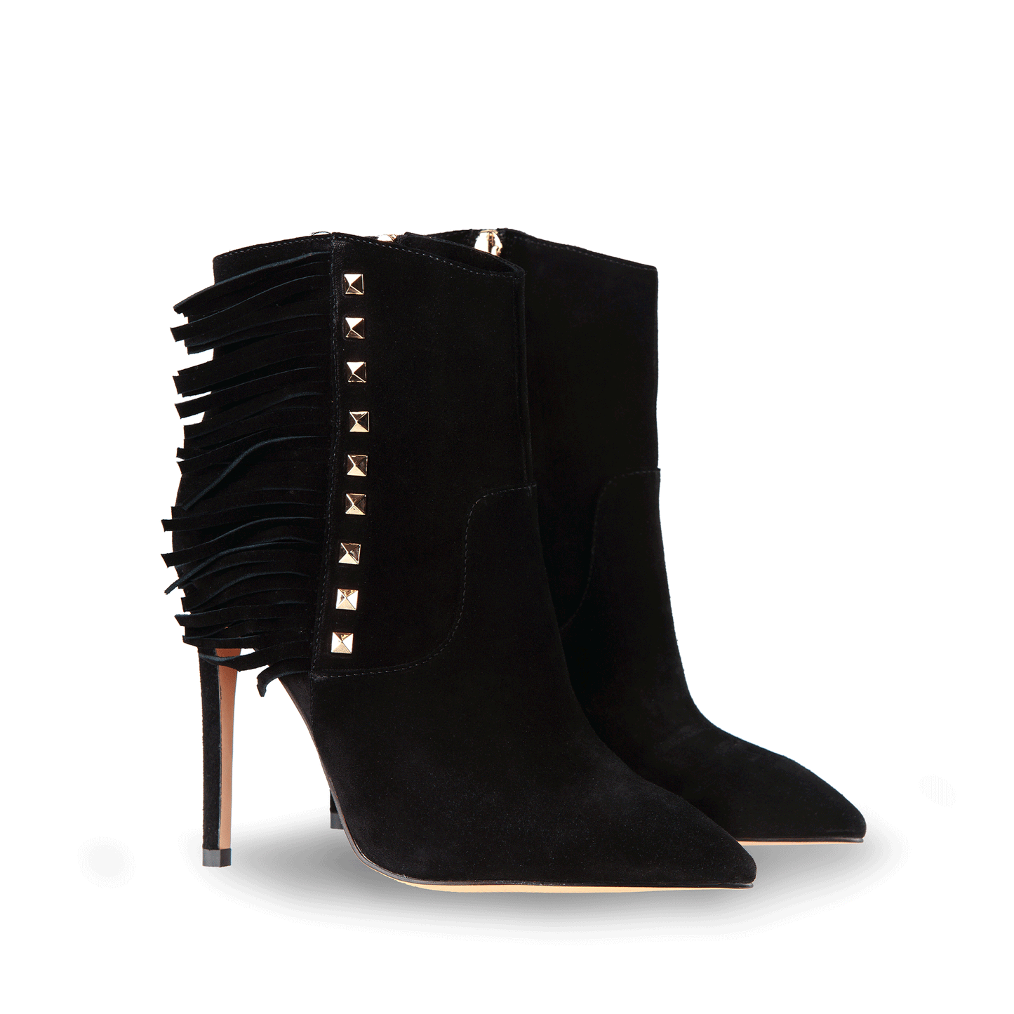 Fringe 4.5" Suede Leather & Rockstud Trim-Embellished Booties Pair in Black